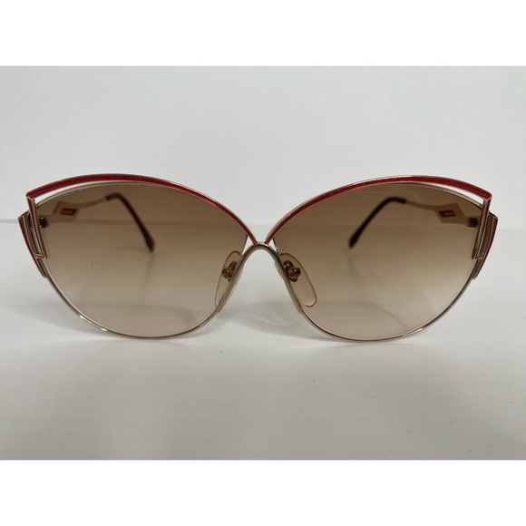 Yves Saint Laurent Vintage 80s Cat Eye Sunglasses Red Sparkle Enamel Gold Frame - Picture 4 of 16